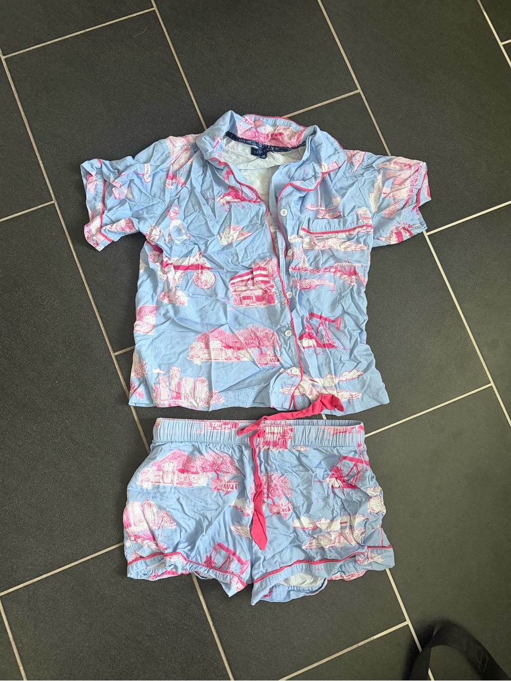 Katie Kime Houston Toile Pajama Shorts Set Blue Pink XS Texas Houston $128